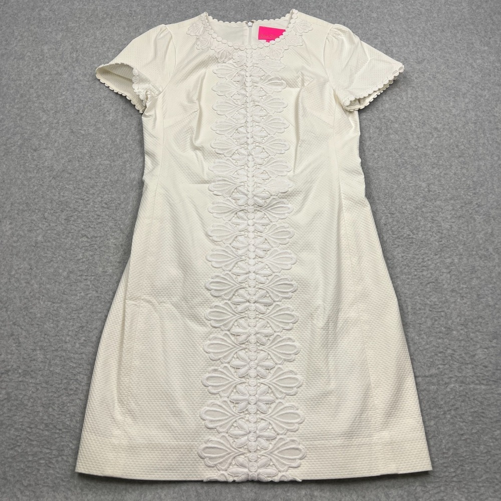 Lilly Pulitzer Maisie Dress Women's 4 White Stretch Pique Shift Resort Lace Trim